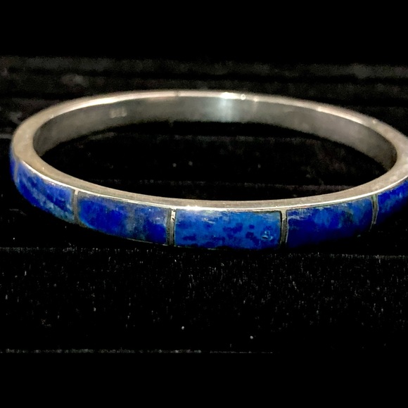 Vintage Native American Sterling Silver & Lapis Inlay Cuff Bracelet - Picture 7 of 10